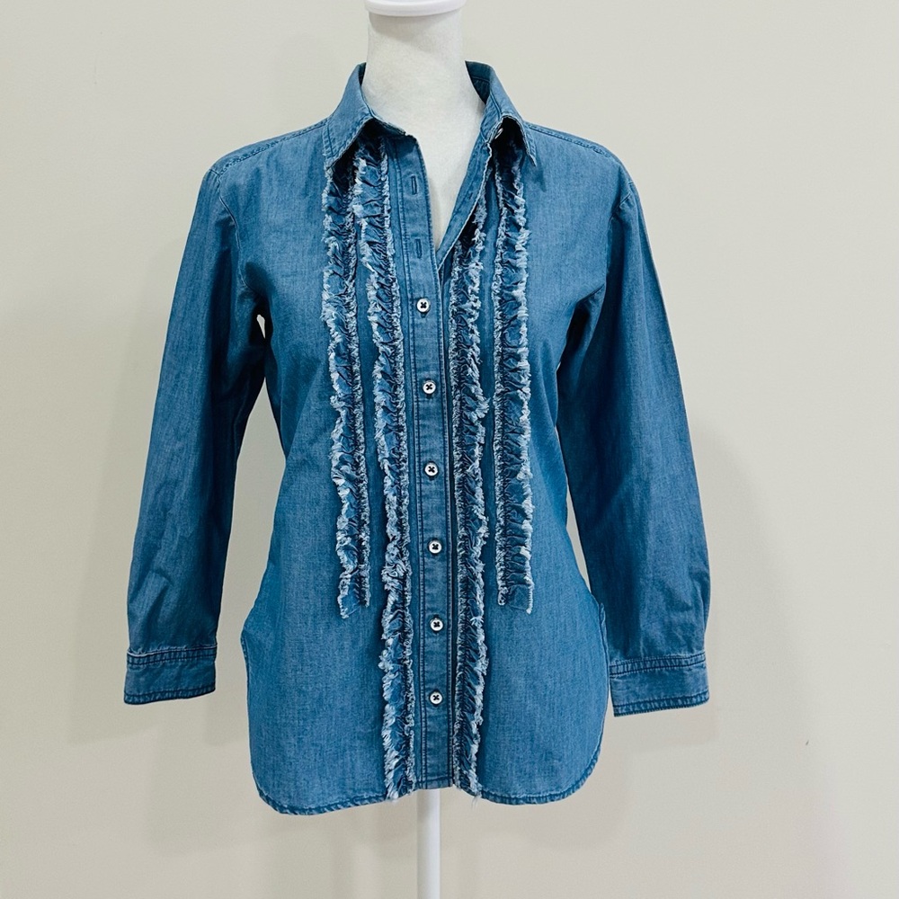 Pilcro Anthropologie Blue Ruffle Chambray Button Front‎ Long Sleeve Shirt Sz XXS